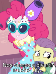 Size: 807x1079 | Tagged: safe, edit, edited screencap, screencap, lily pad (g4), pinkie pie, equestria girls, g4, my little pony equestria girls: better together, pinkie sitting, meme, out of context, spanish, translated in the comments, young