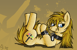 Size: 3426x2266 | Tagged: safe, artist:darkyosh, oc, oc only, oc:darky, pony, collar, dog tags, high res, on back, solo