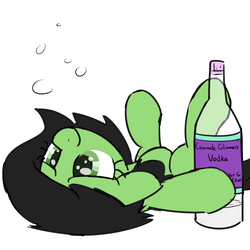 Size: 1200x1200 | Tagged: safe, artist:skitter, oc, oc only, oc:filly anon, pony, alcohol, bottle, cute, drunk, drunk filly, female, filly, floppy ears, implied starlight glimmer, on back, simple background, smiling, underaged drinking, vodka, white background