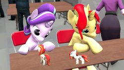 Size: 1280x720 | Tagged: safe, artist:nullpotower, starlight glimmer, sunset shimmer, oc, oc:poniko, human, pony, unicorn, g4, 3d, chair, desk, sitting