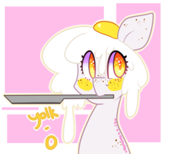 Size: 1796x1592 | Tagged: safe, artist:bunxl, oc, oc only, oc:yolk, food pony, original species, pony, egg pony, egg yolk, food, frying pan, mouth hold, solo