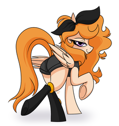 Size: 1025x1080 | Tagged: safe, artist:pixxpal, oc, oc only, oc:inspiring radiance, pegasus, pony, bow, butt, clothes, cosplay, costume, female, hair bow, mare, plot, shorts, solo