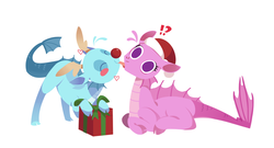 Size: 800x433 | Tagged: safe, artist:croakgua, aria blaze, sonata dusk, siren, g4, :p, :|, antlers, blushing, christmas, cloven hooves, cute, dazzling, exclamation point, eyes closed, female, hat, heart, holiday, interrobang, lesbian, licking, lineless, no catchlights, no pupils, present, prone, question mark, red nose, santa hat, ship:arisona, shipping, simple background, surprised, tongue out, white background, wide eyes