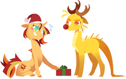 Size: 800x499 | Tagged: safe, artist:croakgua, adagio dazzle, sunset shimmer, deer, hybrid, reindeer, siren, g4, antlers, blushing, christmas, dazzling, duo, female, hat, holiday, lesbian, lidded eyes, multicolored iris, no pupils, present, raised eyebrow, red nose, santa hat, ship:sunsagio, shipping, simple background, smiling, species swap, sweat, sweatdrop, white background