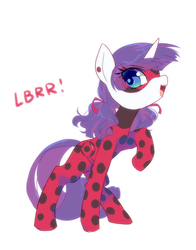 Size: 1200x1527 | Tagged: safe, artist:kkmrarar, rarity, pony, unicorn, g4, clothes, colored pupils, cosplay, costume, crossover, cute, female, mare, mask, miraculous ladybug, open mouth, parody, raised hoof, raribetes, simple background, smiling, solo, white background