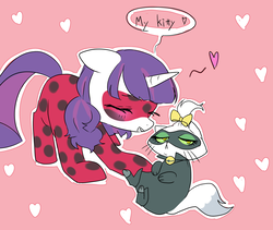 Size: 1200x1011 | Tagged: safe, artist:kkmrarar, opalescence, rarity, pony, unicorn, g4, chat noir, clothes, cosplay, costume, crossover, cute, dialogue, eyes closed, floating heart, heart, miraculous ladybug, parody, pink background, raribetes, simple background