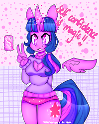 Size: 1614x2023 | Tagged: safe, artist:bunxl, twilight sparkle, alicorn, anthro, g4, alternate hairstyle, boob window, breasts, busty twilight sparkle, cleavage, clothes, female, heart shaped boob window, mirror, panties, peace sign, pink underwear, selfie, skull, skull eyes, solo, sweater, twilight sparkle (alicorn), underwear, wingding eyes