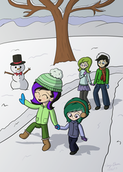 Size: 2000x2800 | Tagged: safe, artist:sketchydesign78, oc, oc only, oc:racer hooves, oc:rain blitz, oc:sketchy design, oc:spearmint, human, bare tree, children, clothes, cute, daaaaaaaaaaaw, earmuffs, family, group, hat, high res, holding hands, humanized, humanized oc, mittens, outdoors, scarf, snow, snowman, tree, walking, winter