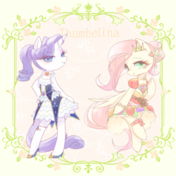 Size: 1200x1200 | Tagged: safe, artist:kkmrarar, fluttershy, rarity, pegasus, pony, unicorn, g4, alternate hairstyle, bipedal, clothes, crown, dress, duo, female, jewelry, looking at you, mare, ponytail, regalia, shoes, smiling
