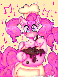Size: 3000x4000 | Tagged: safe, artist:bunxl, pinkie pie, earth pony, anthro, semi-anthro, g4, alternate hairstyle, apron, arm hooves, baking, batter, breasts, busty pinkie pie, cake batter, chef's hat, clothes, ethereal mane, female, frazzled hair, hat, heart, heart eyes, music notes, solo, starry eyes, starry mane, starry tail, tail, wingding eyes