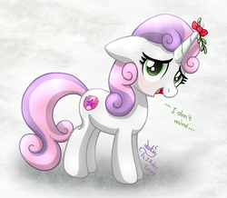 Size: 1375x1200 | Tagged: safe, artist:joakaha, sweetie belle, pony, unicorn, g4, christmas, cutie mark, dialogue, female, filly, holiday, looking at you, mistletoe, open mouth, signature, solo, speech, the cmc's cutie marks