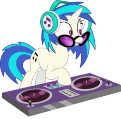 Size: 5783x5681 | Tagged: safe, artist:caliazian, dj pon-3, vinyl scratch, pony, unicorn, g4, slice of life (episode), absurd resolution, background pony, female, headphones, mare, open mouth, simple background, solo, sunglasses, transparent background, turntable, vector