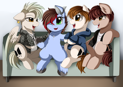 Size: 1024x724 | Tagged: safe, artist:pridark, earth pony, pegasus, pony, bts, clothes, commission, ear piercing, earring, group, hoodie, jewelry, k-pop, korean, male, one eye closed, open mouth, piercing, ponified, quartet, sitting, stallion, wink