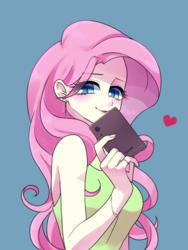 Size: 1200x1600 | Tagged: safe, artist:kkmrarar, fluttershy, human, g4, blue background, blushing, bracelet, camera, cellphone, colored pupils, ear piercing, earring, female, heart, humanized, jewelry, lidded eyes, looking at you, phone, piercing, ring, selfie, simple background, smartphone, smiling