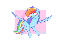 Size: 1024x755 | Tagged: safe, artist:eternalsubscriber, rainbow dash, pegasus, pony, g4, abstract background, female, flying, grin, mare, no pupils, signature, smiling, solo, spread wings, wings