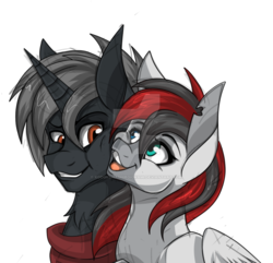 Size: 900x868 | Tagged: safe, artist:derpsonhooves, oc, oc only, oc:cold steel, oc:eagle eye, pony, unicorn, fallout equestria, blushing, bust, female, lesbian, portrait, shipping, watermark