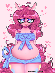 Size: 3000x4000 | Tagged: safe, artist:bunxl, pinkie pie, earth pony, anthro, g4, alternate hairstyle, belly, belly button, chubby, drool, fat, female, frazzled hair, heart, heart eyes, pudgy pie, solo, wide hips, wingding eyes