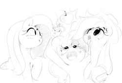 Size: 2010x1364 | Tagged: safe, artist:musicalgenius, applejack, fluttershy, pinkie pie, twilight sparkle, g4, apple, drool, drool string, food, glowing horn, horn, levitation, magic, monochrome, mouth watering, ponk, simple background, sketch, telekinesis, tongue out, white background