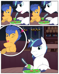 Size: 2400x3000 | Tagged: dead source, safe, artist:regolithart, flash sentry, shining armor, pegasus, pony, unicorn, comic:double date, g4, :3, :p, bedroom eyes, comic, flirting, food, fork, frown, gay, glowing horn, heart, high res, horn, implied infidelity, levitation, magic, male, nervous, one eye closed, restaurant, salad, shiningsentry, shipping, silly, sitting, smiling, stallion, telekinesis, tongue out, unshorn fetlocks, wavy mouth, wink