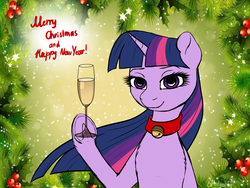 Size: 4000x3000 | Tagged: safe, artist:deltahedgehog, twilight sparkle, pony, g4, alcohol, bell, cat bell, champagne, collar, female, happy new year, happy new year 2018, high res, holiday, holly, hoof hold, looking at you, merry christmas, signature, smiling, solo, wine