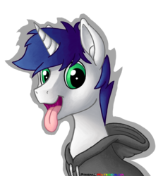 Size: 2000x2169 | Tagged: safe, artist:prismawatercolor, oc, oc only, oc:dante kurutta, pony, unicorn, clothes, green eyes, high res, hoodie, looking at you, male, silly, silly pony, simple background, solo, tongue out, transparent background