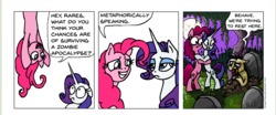 Size: 1263x526 | Tagged: safe, artist:gingerfoxy, fluttershy, pinkie pie, rarity, earth pony, pony, unicorn, zombie, pony comic generator, g4, bipedal, comic, dialogue, gravestone, graveyard, scared, simple background, upside down, white background, wide eyes