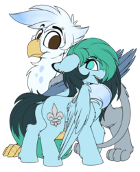 Size: 1500x1842 | Tagged: safe, artist:meggchan, oc, oc only, oc:ganix, oc:liz, griffon, pegasus, pony, 2018 community collab, derpibooru community collaboration, couple, cute, dock, ear piercing, female, floppy ears, galiz, interspecies, looking at each other, looking back, male, mare, piercing, shipping, simple background, transparent background