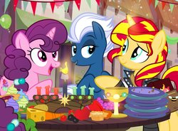 Size: 1000x735 | Tagged: safe, artist:pixelkitties, night glider, sugar belle, sunset shimmer, bee, pony, equestria girls, g4, cake, carrot, cheese, crossover, cup, cupcake, cute, food, fruit, grin, kwanzaa, pie, pixelkitties' brilliant autograph media artwork, rebecca shoichet, smiling, umoya, voice actor joke
