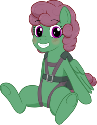 Size: 819x1055 | Tagged: safe, artist:phallen1, derpibooru exclusive, oc, oc only, oc:windcatcher, pegasus, pony, 2018 community collab, derpibooru community collaboration, female, grin, harness, looking at you, mare, simple background, sitting, smiling, solo, tack, transparent background, underhoof