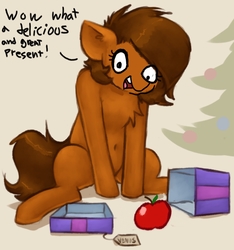 Size: 1912x2040 | Tagged: safe, artist:marsminer, edit, oc, oc only, oc:venus spring, pony, apple, belly button, chest fluff, christmas, christmas tree, dialogue, everything is fixed, female, fixed, food, good end, happy, holiday, mare, present, sitting, smiling, solo, tree, venus spring actually having a pretty good time