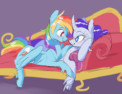 Size: 1636x1266 | Tagged: safe, artist:xenon, color edit, edit, rainbow dash, rarity, pegasus, pony, unicorn, g4, blushing, colored, cuddling, curved horn, eye contact, fainting couch, female, heart, horn, hug, lesbian, looking at each other, mare, prone, ship:raridash, shipping, unshorn fetlocks