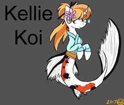Size: 1565x1319 | Tagged: safe, artist:goldenbrush156, oc, oc only, oc:kellie, clothes, curved horn, female, flower, flower in hair, horn, koi pony, simple background, solo, vaguely asian robe