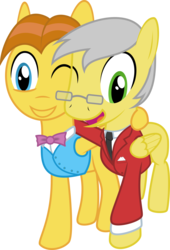 Size: 1991x2931 | Tagged: safe, artist:clacksphob, artist:stjonal, oc, oc only, pegasus, pony, 2018 community collab, derpibooru community collaboration, clothes, duo, hug, one eye closed, shirt, simple background, smiling, transparent background