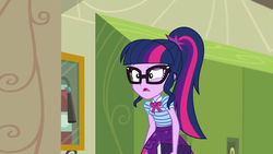 Size: 1280x720 | Tagged: safe, screencap, sci-twi, twilight sparkle, best trends forever, best trends forever: twilight sparkle, equestria girls, g4, my little pony equestria girls: better together, book, canterlot high, clothes, cyoa, female, geode of telekinesis, glasses, lockers, magical geodes, open mouth, solo