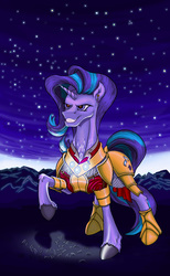 Size: 4000x6500 | Tagged: safe, artist:2d20, starlight glimmer, pony, unicorn, g4, absurd resolution, armor, crossover, evil smile, feanor, female, grin, mare, night, raised hoof, smiling, solo, stars