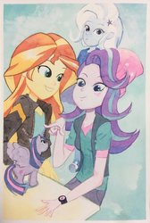 Size: 1378x2048 | Tagged: safe, artist:tyantyai_mokka, starlight glimmer, sunset shimmer, trixie, twilight sparkle, alicorn, pony, equestria girls, g4, beanie, clothes, hat, micro, size difference, traditional art, twilight sparkle (alicorn), watercolor painting