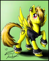 Size: 1029x1280 | Tagged: safe, artist:penmark, artist:richard haigh, oc, oc only, oc:daybreak ponii, pegasus, pony, bass clef, clothes, ear piercing, earring, jewelry, male, piercing, raised hoof, red eyes, solo, spread wings, stallion, two toned mane, wings