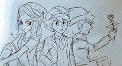 Size: 1024x554 | Tagged: safe, artist:mangoxlsxls16, starlight glimmer, human, equestria girls, g4, beanie, clive dove, crossover, hat, pencil drawing, professor layton, sitting, sketch, smiling, traditional art