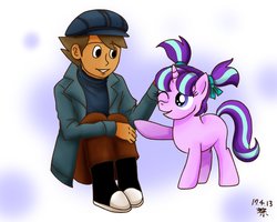 Size: 1200x960 | Tagged: safe, artist:mangoxlsxls16, starlight glimmer, human, pony, unicorn, g4, bow, female, filly, filly starlight glimmer, luke triton, one eye closed, petting, pigtails, ribbon, younger
