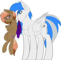 Size: 3136x3091 | Tagged: safe, artist:wcnimbus, oc, oc only, oc:rias, oc:snowstorm, bat pony, pegasus, pony, 2018 community collab, derpibooru community collaboration, high res, mouth hold, scruff, simple background, size difference, transparent background