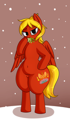 Size: 2160x3840 | Tagged: safe, artist:andelai, oc, oc only, oc:livid lotus, phoenix pony, pony, bedroom eyes, belly button, christmas, extra thicc, female, hearth's warming eve, high res, holiday, mistletoe, snow, solo, thick, thighs, wide hips