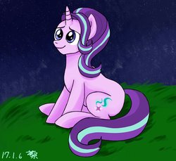 Size: 1200x1100 | Tagged: safe, artist:mangoxlsxls16, starlight glimmer, pony, unicorn, g4, female, night, sitting, smiling, solo