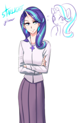 Size: 644x1000 | Tagged: safe, artist:apzzang, starlight glimmer, human, pony, unicorn, g4, clothes, dress, female, horn, horned humanization, human ponidox, humanized, jewelry, long skirt, mare, necklace, self ponidox, simple background, skirt, smiling, solo, white background