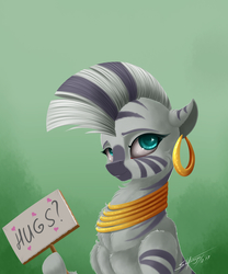 Size: 2500x3000 | Tagged: safe, artist:skitsroom, zecora, pony, zebra, g4, bronybait, cute, ear piercing, earring, female, high res, jewelry, neck rings, piercing, quadrupedal, sign, solo, zecorable, zoomorphic