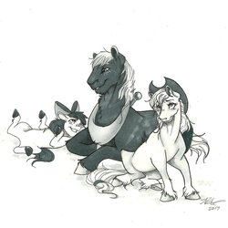 Size: 1024x1024 | Tagged: safe, artist:alexacana, apple bloom, applejack, big macintosh, earth pony, pony, g4, grayscale, monochrome, on back, simple background, sitting, smiling, traditional art, white background