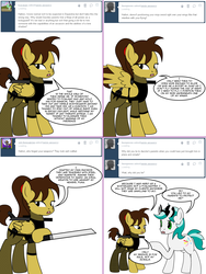 Size: 1204x1604 | Tagged: safe, artist:dekomaru, oc, oc only, oc:dazzle, oc:hattori, earth pony, pegasus, pony, tumblr:ask twixie, ask, comic, female, male, mare, stallion, sword, tumblr, weapon