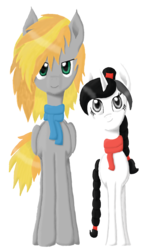 Size: 766x1308 | Tagged: safe, oc, oc only, oc:altius volantis, pegasus, pony, unicorn, 2018 community collab, derpibooru community collaboration, clothes, duo, looking at you, scarf, simple background, smiling, transparent background, vector