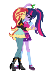 Size: 3000x4365 | Tagged: safe, artist:edcom02, artist:jmkplover, sci-twi, sunset shimmer, twilight sparkle, human, equestria girls, g4, boots, bowtie, christmas, clothes, duo, eyes closed, female, geode of telekinesis, glasses, high heel boots, holding hands, holiday, holly, holly mistaken for mistletoe, jacket, kiss on the lips, kissing, leather jacket, lesbian, mary janes, ponytail, ship:sci-twishimmer, ship:sunsetsparkle, shipping, shoes, skirt
