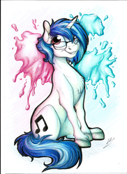 Size: 2550x3506 | Tagged: safe, artist:lupiarts, dj pon-3, vinyl scratch, pony, unicorn, g4, female, glasses, high res, mare, sitting, smiling, solo, traditional art