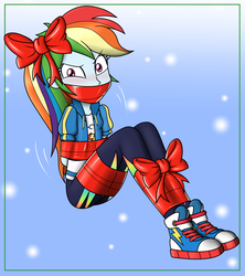 Size: 1200x1350 | Tagged: safe, artist:nivek15, rainbow dash, equestria girls, g4, my little pony equestria girls: better together, angry, arm behind back, blushing, bondage, bound and gagged, clothes, converse, dashsub, female, femsub, gag, gift wrapped, hands behind back, pants, rainbond dash, ribbon, shoes, sneakers, solo, submissive, tied up